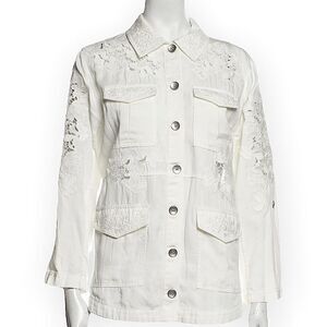 ALICE + OLIVIA Three-Quarter Sleeve Embroidered White Button-Up Top